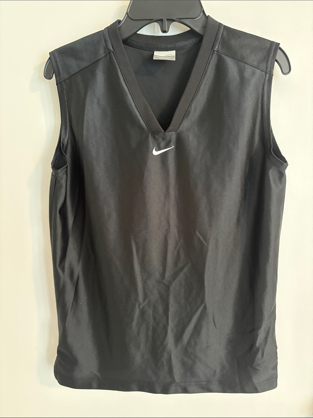 Nike Black Sleeveless V-Neck Athletic Jersey with White Swoosh